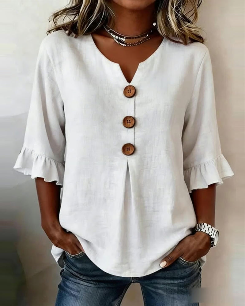 Sofia Cotton-Linen Plain Blouse with Wooden Buttons and Ruffles