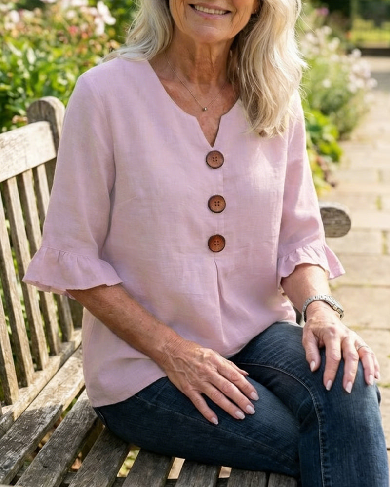 Sofia Cotton-Linen Plain Blouse with Wooden Buttons and Ruffles