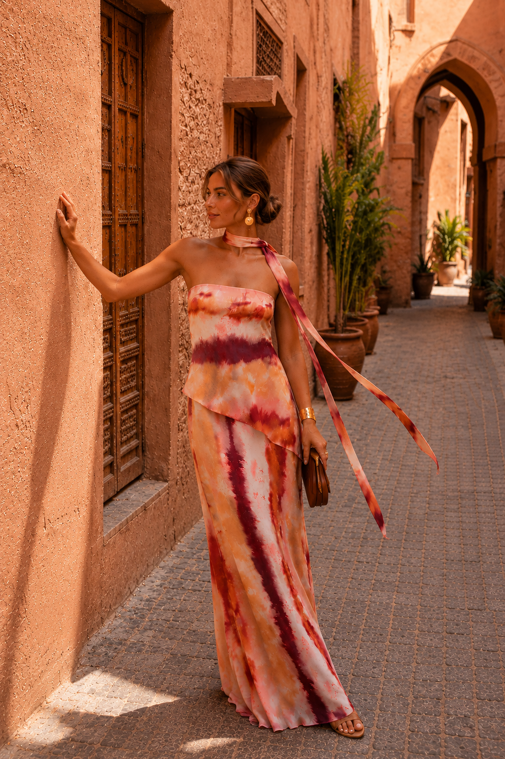 Printed long dress with sweetheart neckline