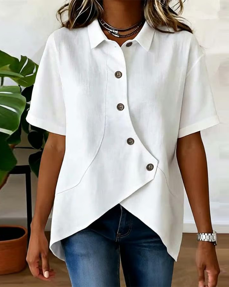 Julia - Asymmetrical Cotton-Linen Blouse with Buttons
