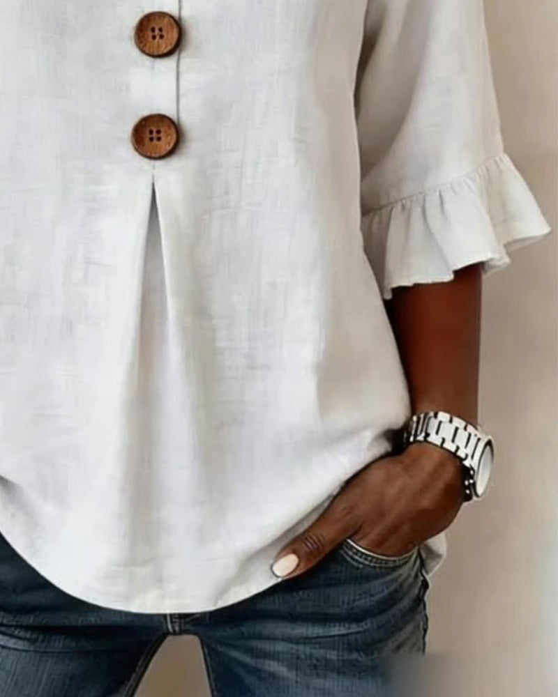 Sofia Cotton-Linen Plain Blouse with Wooden Buttons and Ruffles