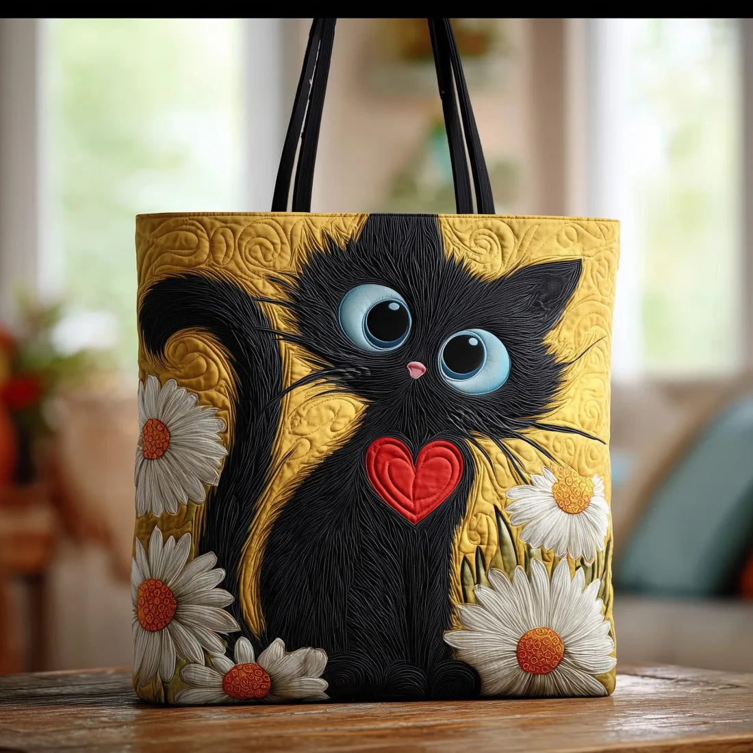 Black Cat and Daisies Quilted Bag – Gift Idea