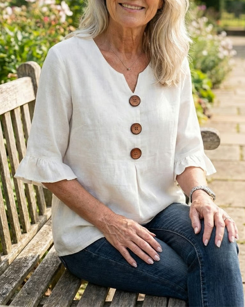 Sofia Cotton-Linen Plain Blouse with Wooden Buttons and Ruffles