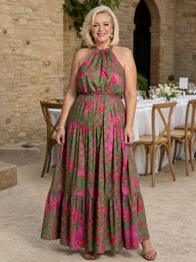 Draped Midi Dress in Pink with Elegant Halter Neck