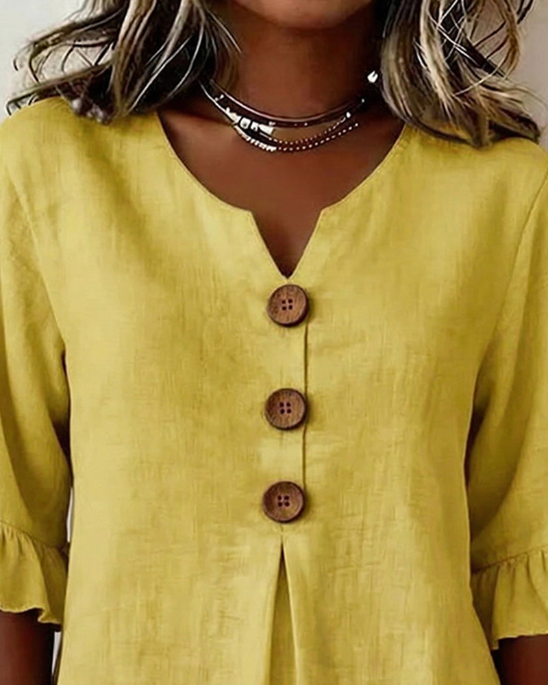 Sofia Cotton-Linen Plain Blouse with Wooden Buttons and Ruffles
