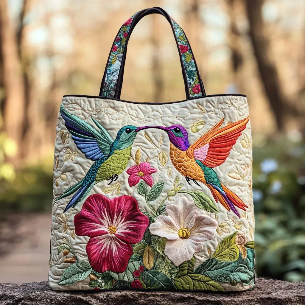 Quilted Floral Bag with Hummingbirds and White Flowers – Two Sizes