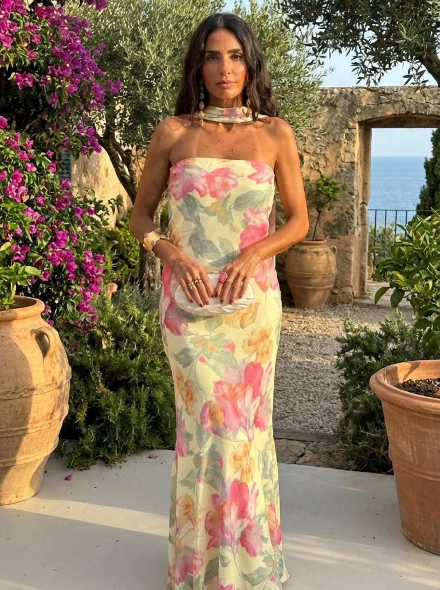 Watercolour Floral Strapless Long Dress