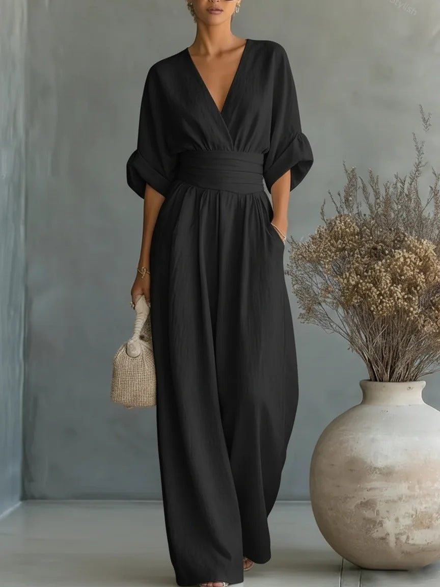 Elegant V-Neck, Backless Dress with Flowing Sleeves - Maison Claire et Sylvie