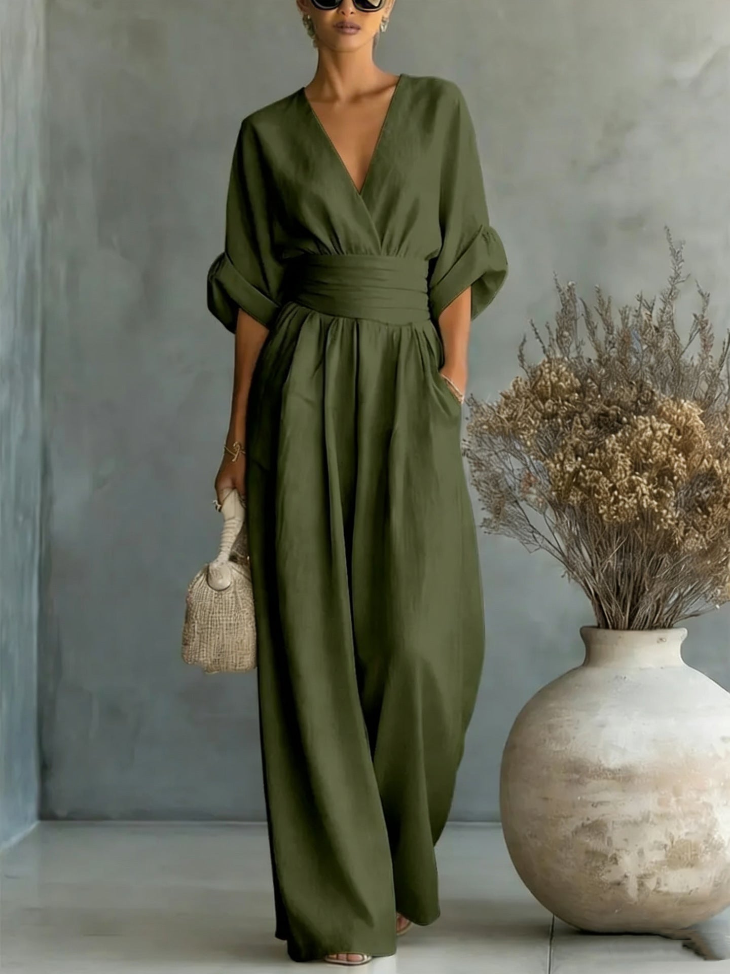 Elegant V-Neck, Backless Dress with Flowing Sleeves - Maison Claire et Sylvie