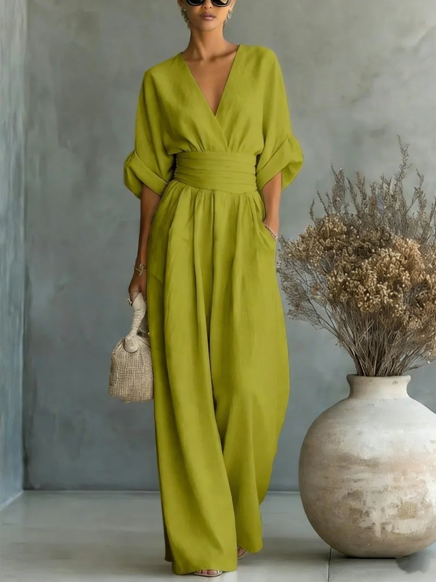 Elegant V-Neck, Backless Dress with Flowing Sleeves - Maison Claire et Sylvie