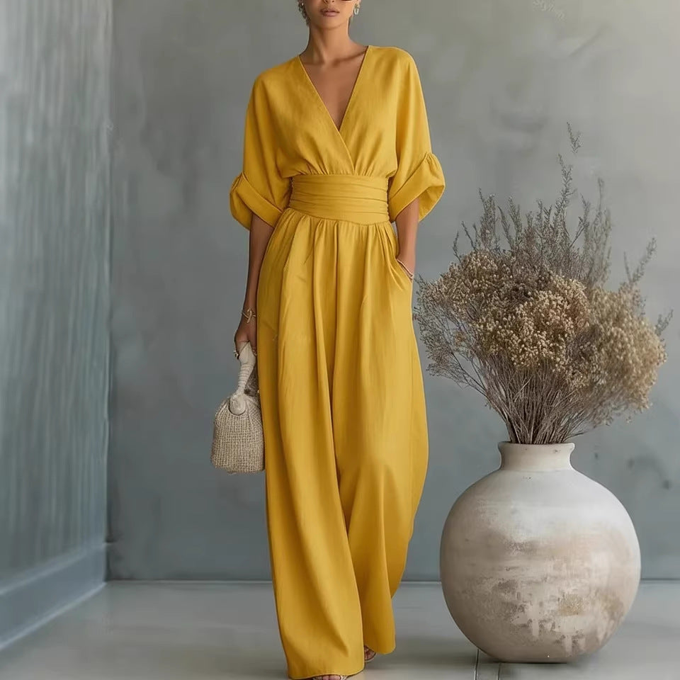 Elegant V-Neck, Backless Dress with Flowing Sleeves - Maison Claire et Sylvie