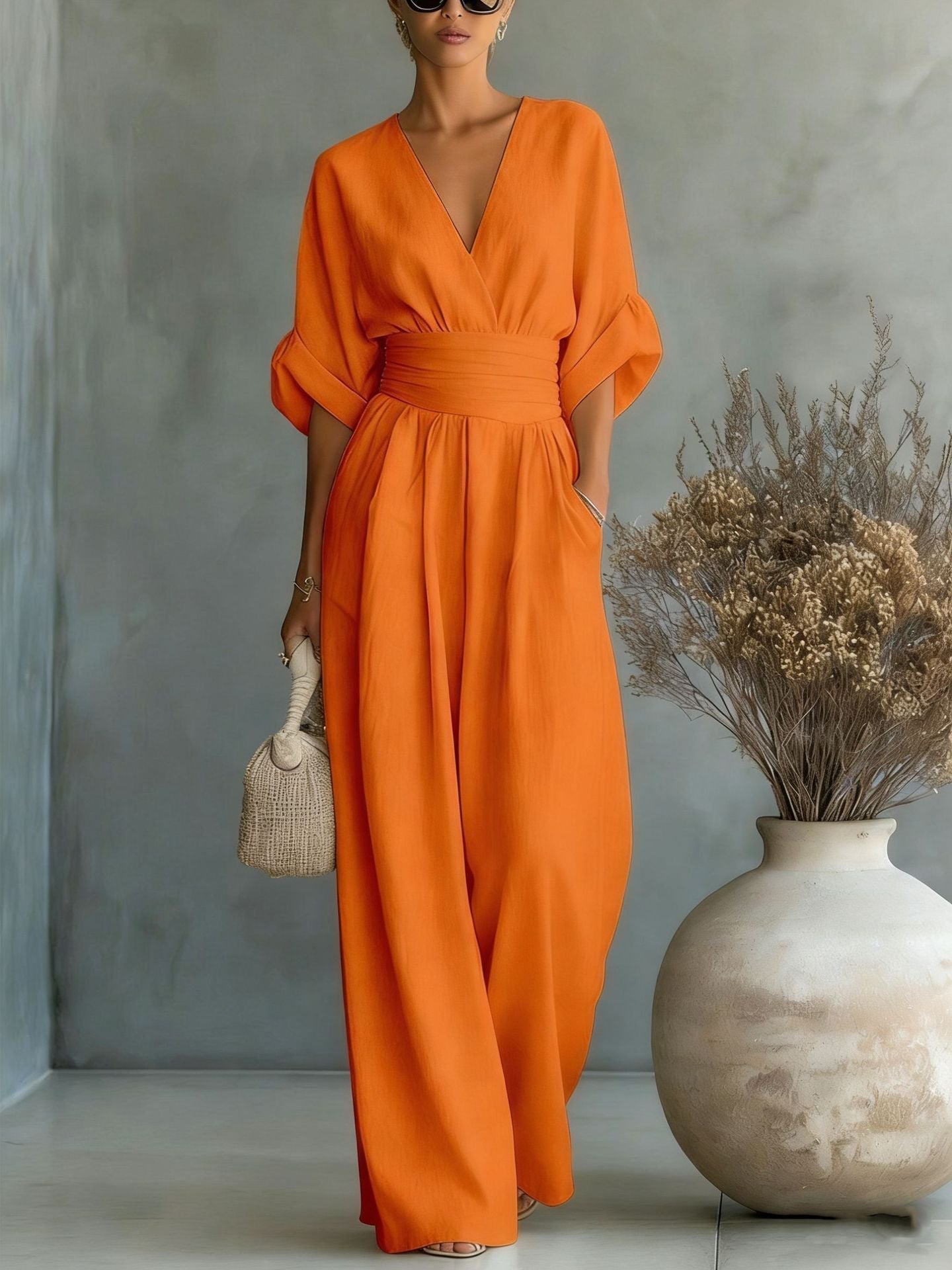 Elegant V-Neck, Backless Dress with Flowing Sleeves - Maison Claire et Sylvie