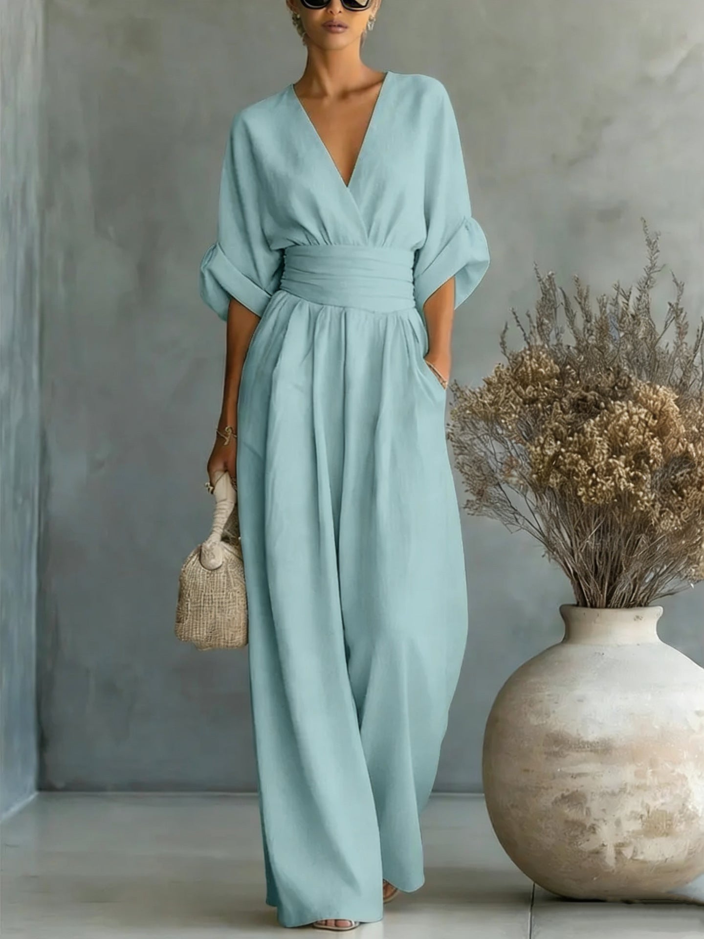 Elegant V-Neck, Backless Dress with Flowing Sleeves - Maison Claire et Sylvie