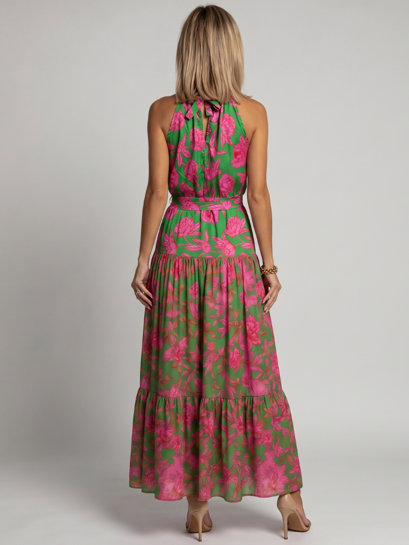 Draped Midi Dress in Pink with Elegant Halter Neck