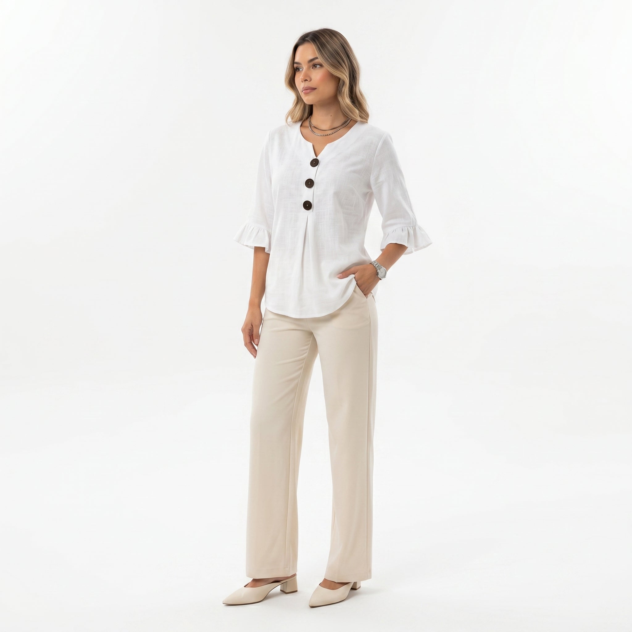 Sofia Cotton-Linen Plain Blouse with Wooden Buttons and Ruffles