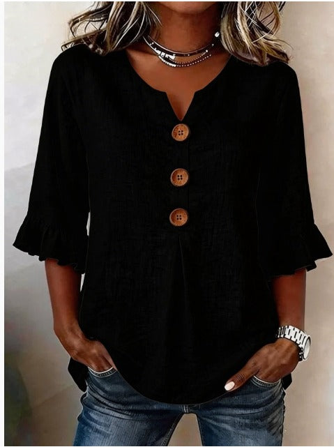 Sofia Cotton-Linen Plain Blouse with Wooden Buttons and Ruffles