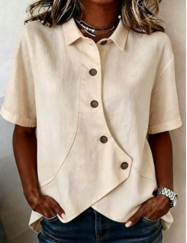 Julia - Asymmetrical Cotton-Linen Blouse with Buttons