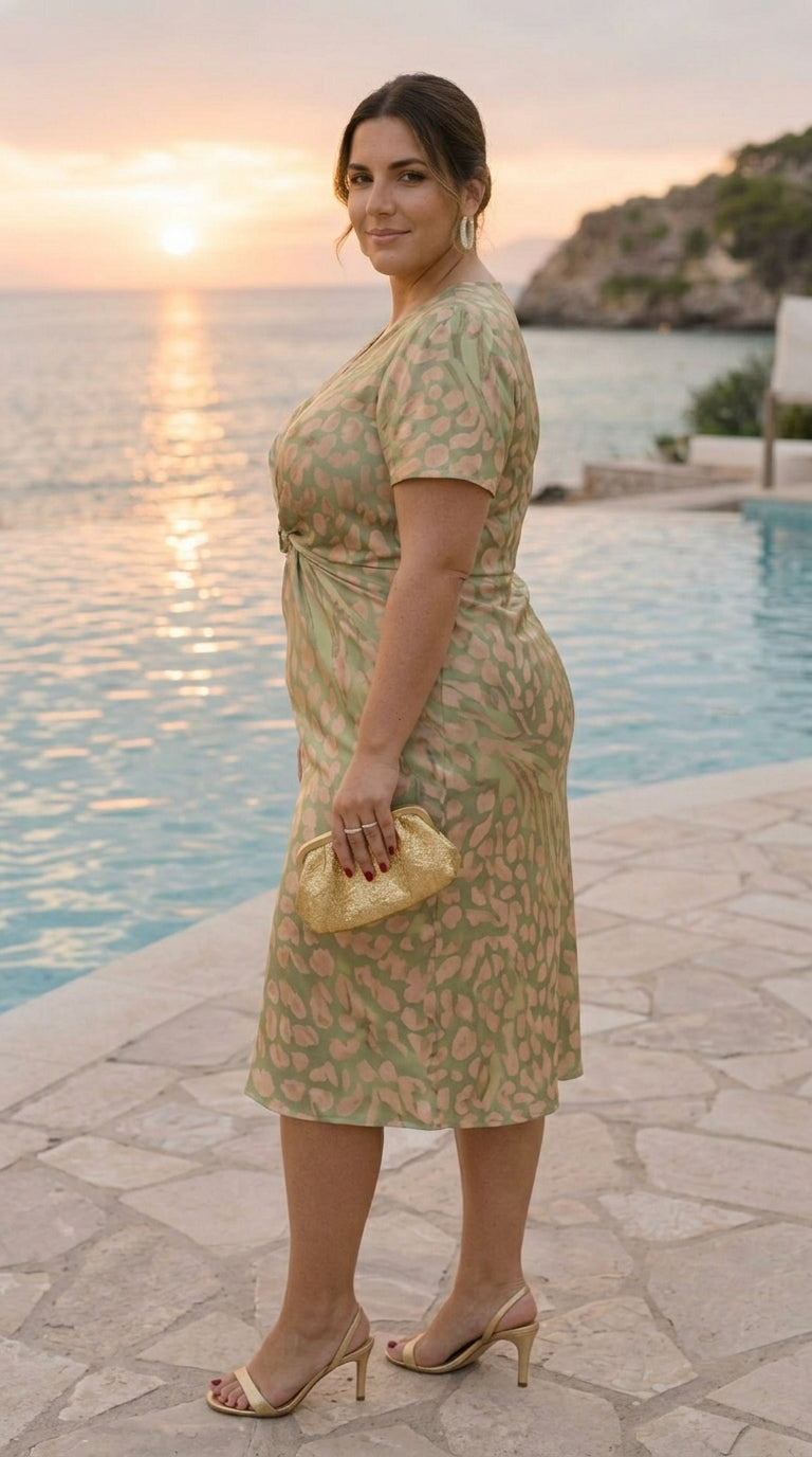Midi dress with slimming effect, featuring a central knot and flowing drape