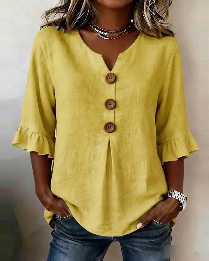 Sofia Cotton-Linen Plain Blouse with Wooden Buttons and Ruffles