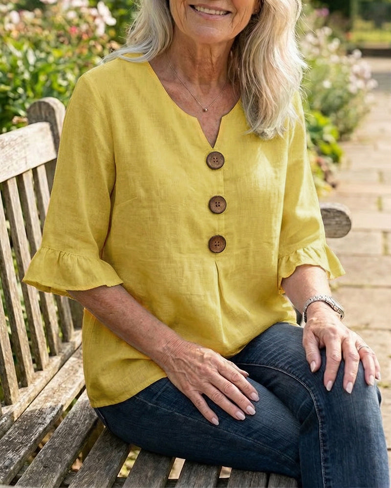 Sofia Cotton-Linen Plain Blouse with Wooden Buttons and Ruffles