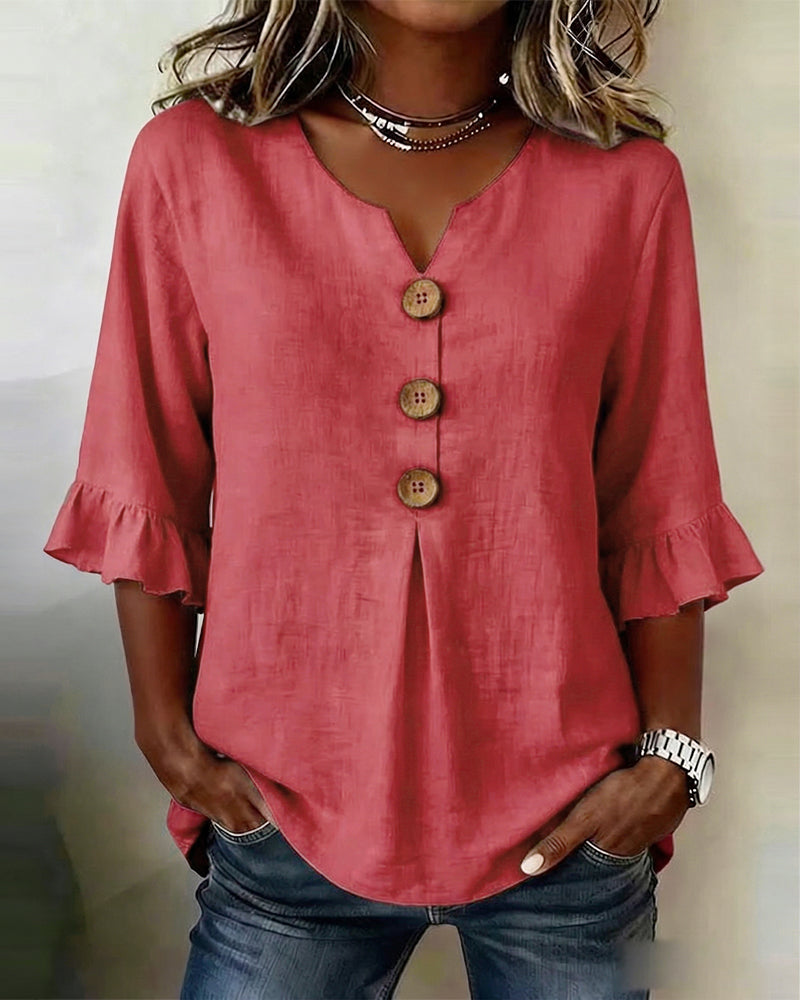 Sofia Cotton-Linen Plain Blouse with Wooden Buttons and Ruffles