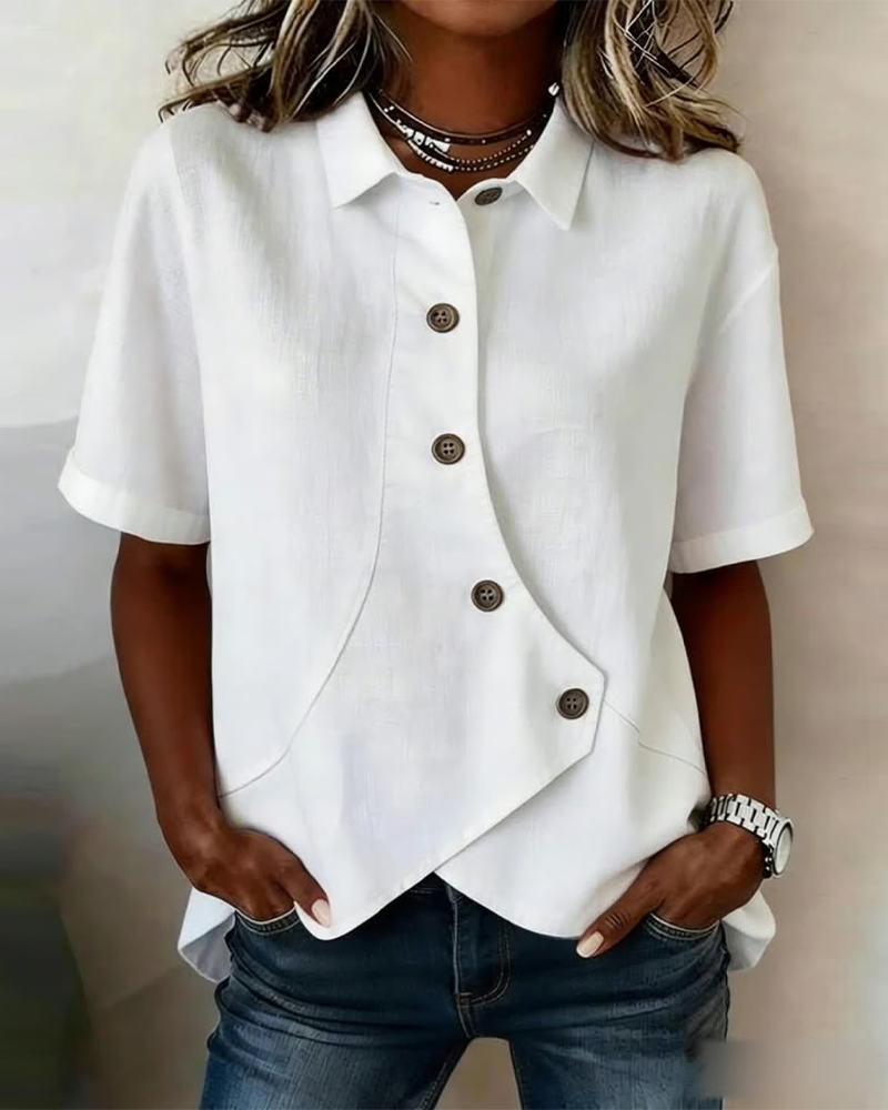 Julia - Asymmetrical Cotton-Linen Blouse with Buttons