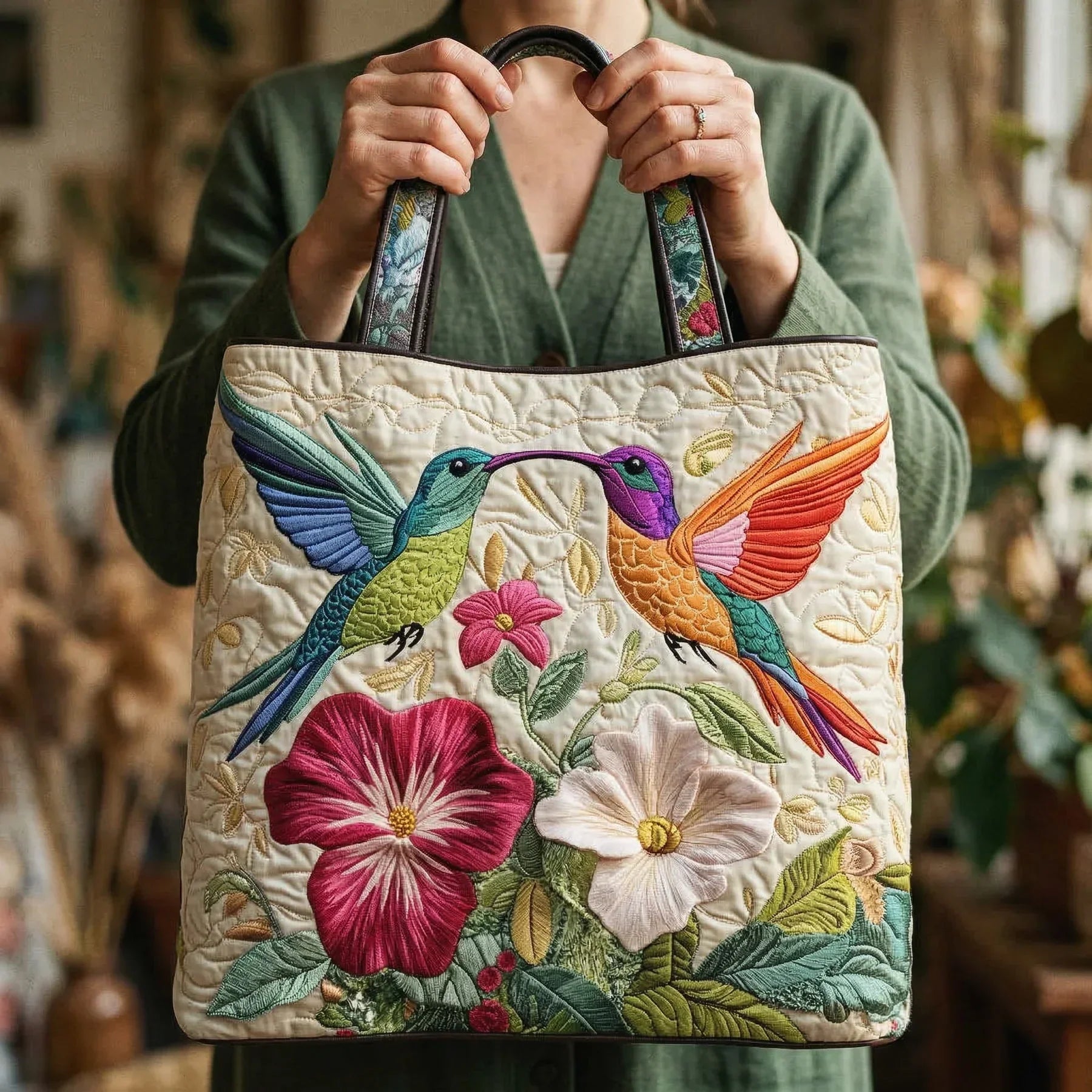 Quilted Floral Bag with Hummingbirds and White Flowers – Two Sizes