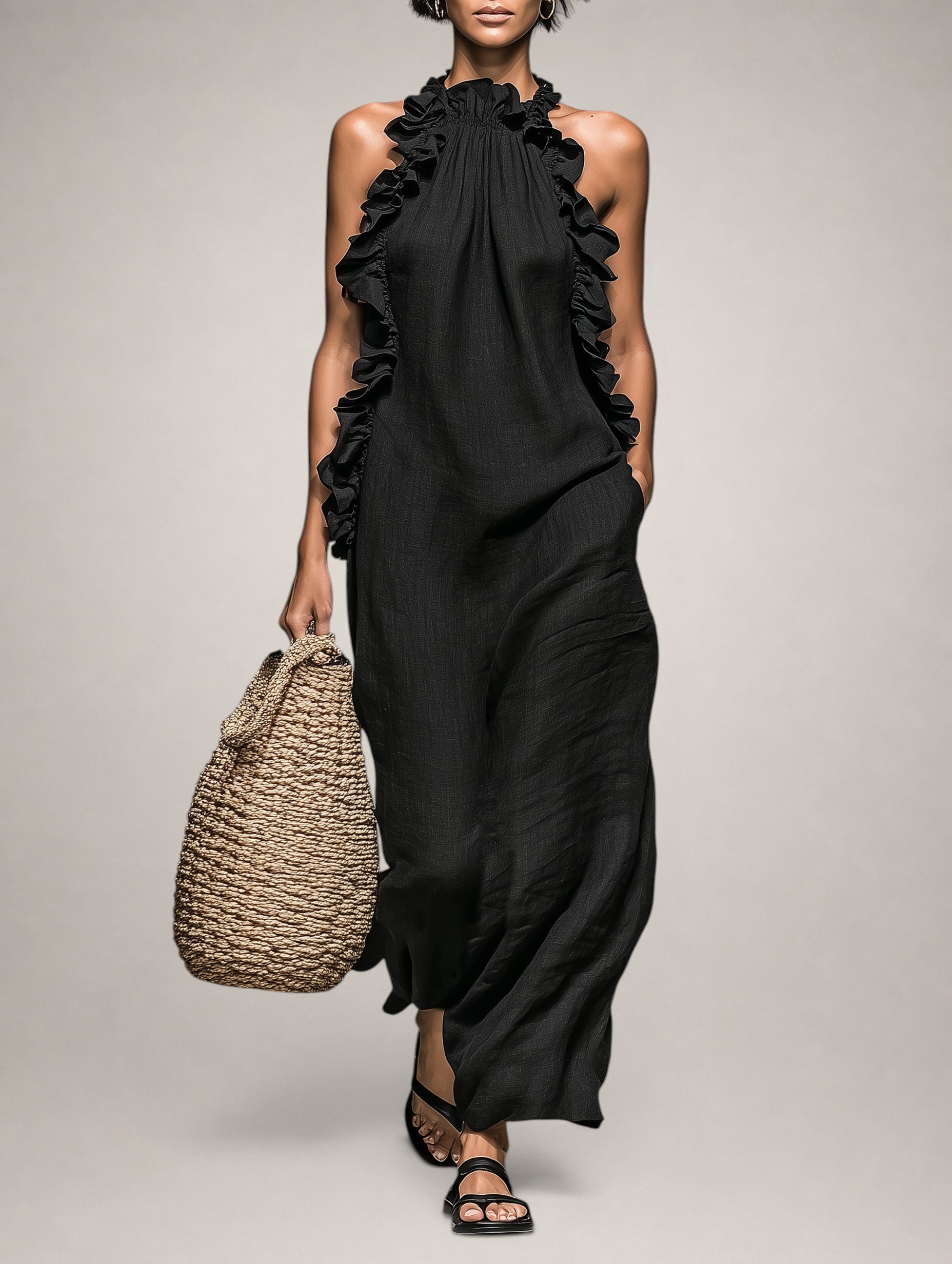 Helene | Vestido maxi sin mangas de lino con volantes