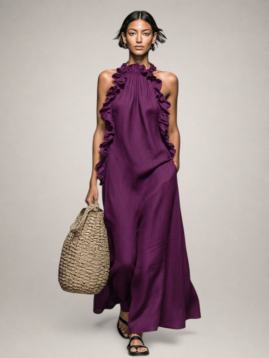 Helene | Vestido maxi sin mangas de lino con volantes