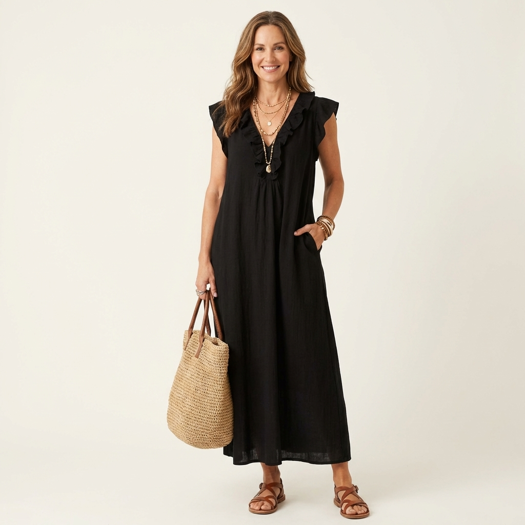 JOSIE | ELEGANT RUFFLE V-NECK MAXI DRESS