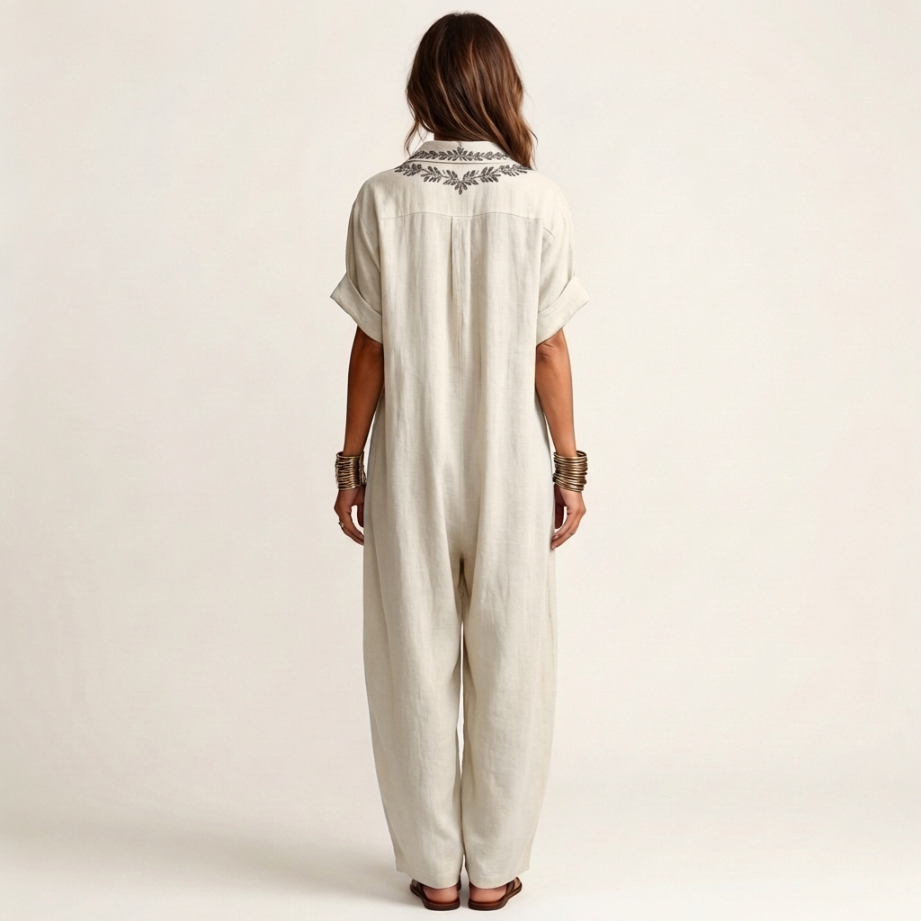PETRA | EMBROIDERED V-NECK COLLAR LINEN MAXI DRESS
