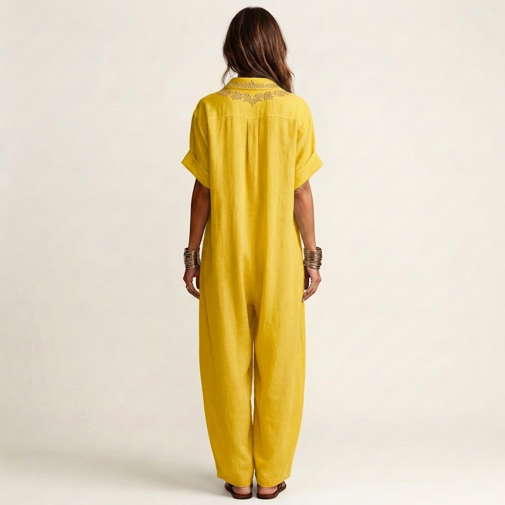 PETRA | EMBROIDERED V-NECK COLLAR LINEN MAXI DRESS