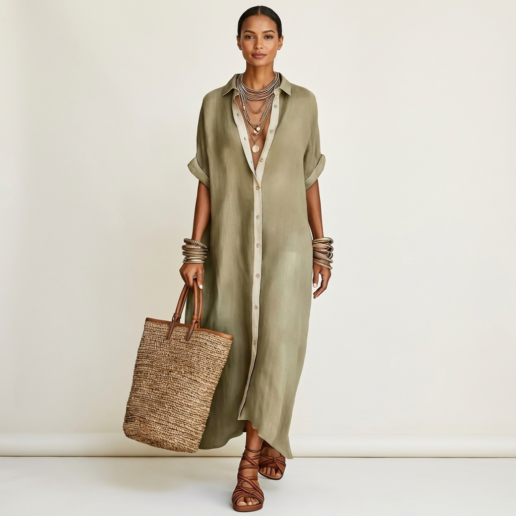 ISOLDE | CONTRAST-COLLAR BUTTON-FRONT SHORT-SLEEVE MAXI SHIRT DRESS