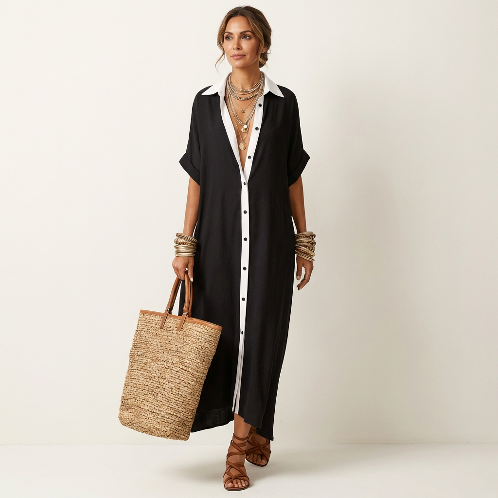 ISOLDE | CONTRAST-COLLAR BUTTON-FRONT SHORT-SLEEVE MAXI SHIRT DRESS
