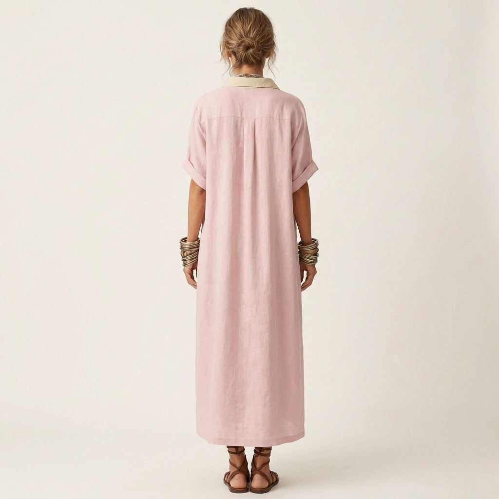 ISOLDE | CONTRAST-COLLAR BUTTON-FRONT SHORT-SLEEVE MAXI SHIRT DRESS