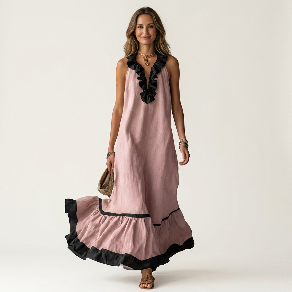 SERAPHINA | SLEEVELESS RUFFLE-NECK CONTRAST-TRIM MAXI DRESS