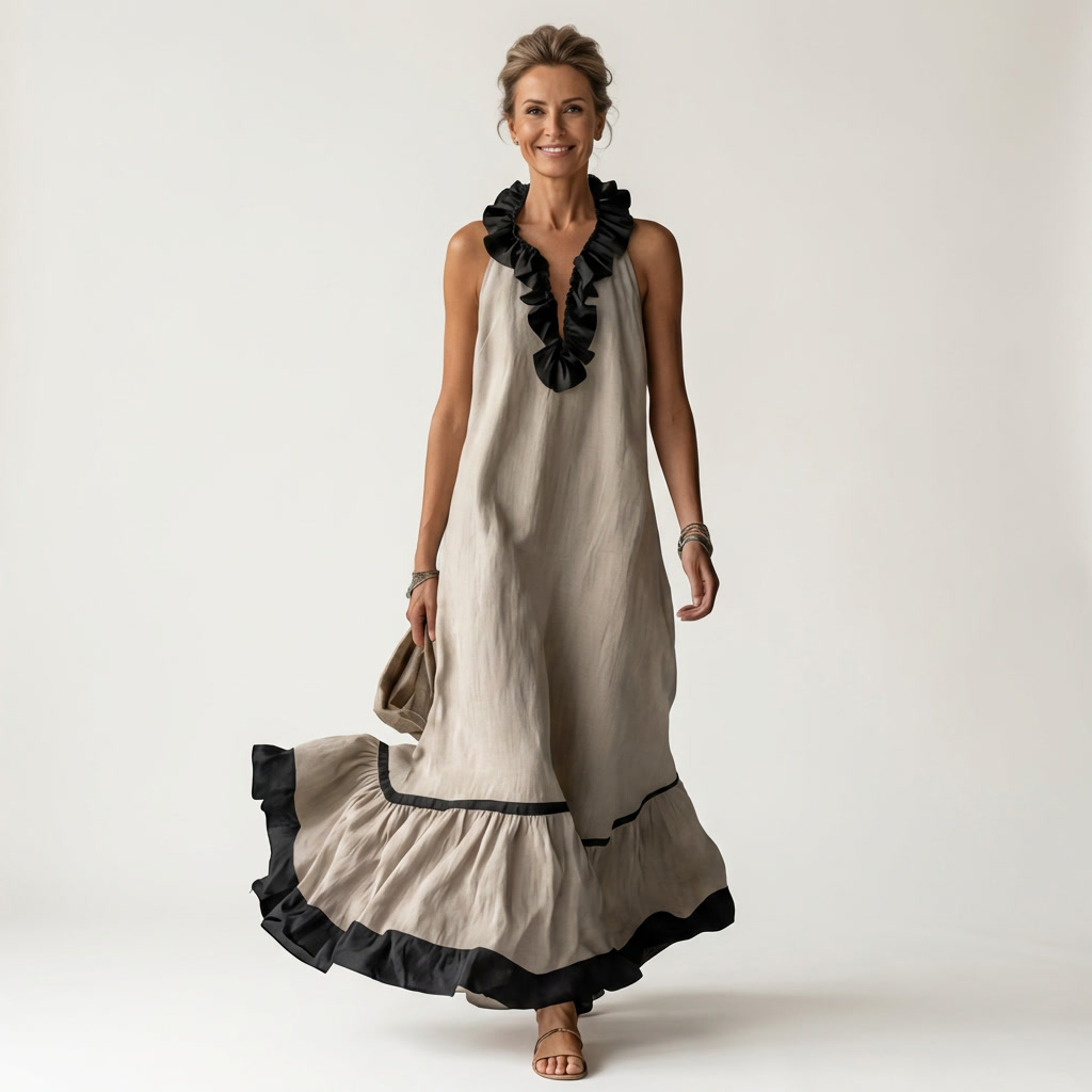 SERAPHINA | SLEEVELESS RUFFLE-NECK CONTRAST-TRIM MAXI DRESS
