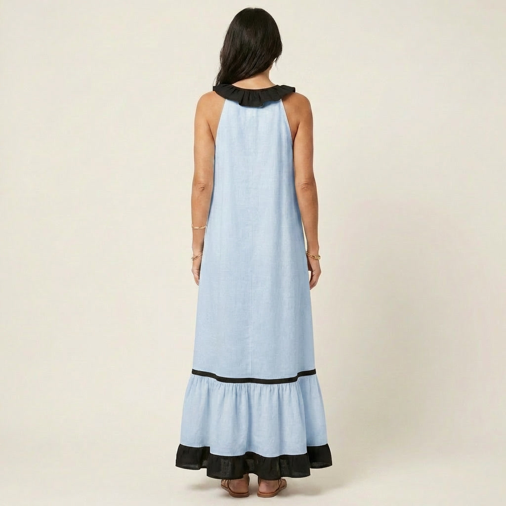 SERAPHINA | SLEEVELESS RUFFLE-NECK CONTRAST-TRIM MAXI DRESS