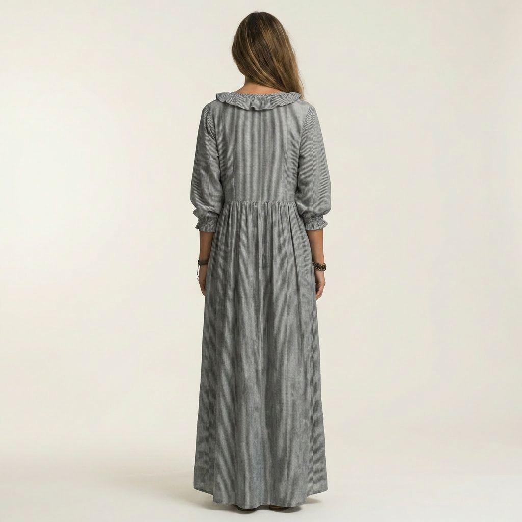 PALOMA | RUFFLE V-NECK STRIPED LANTERN-SLEEVE MAXI DRESS