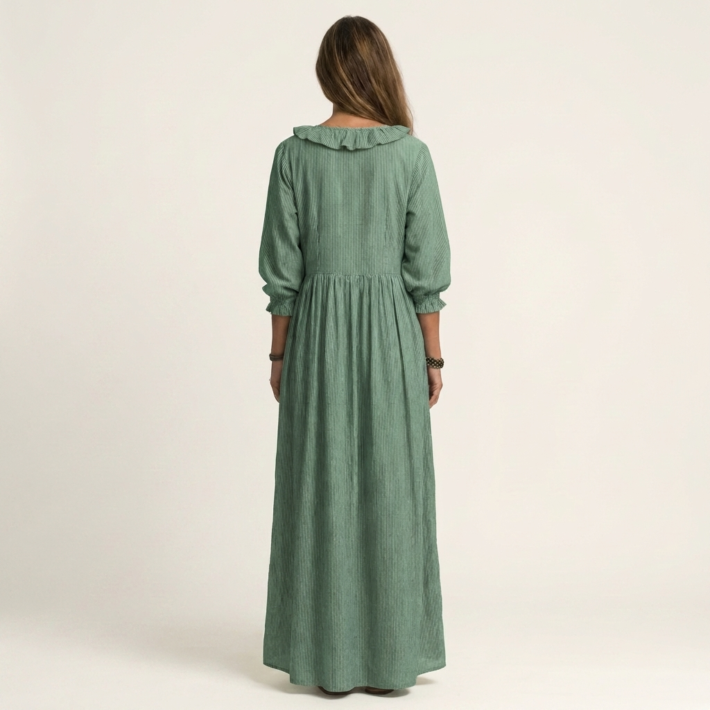 PALOMA | RUFFLE V-NECK STRIPED LANTERN-SLEEVE MAXI DRESS