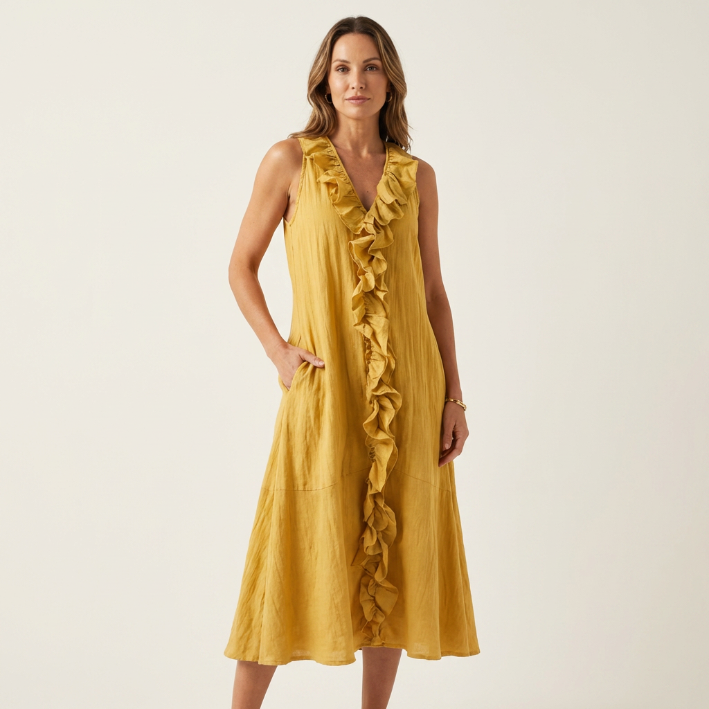 VIOLETTE | RUFFLE-FRONT V-NECK SLEEVELESS LINEN MAXI DRESS