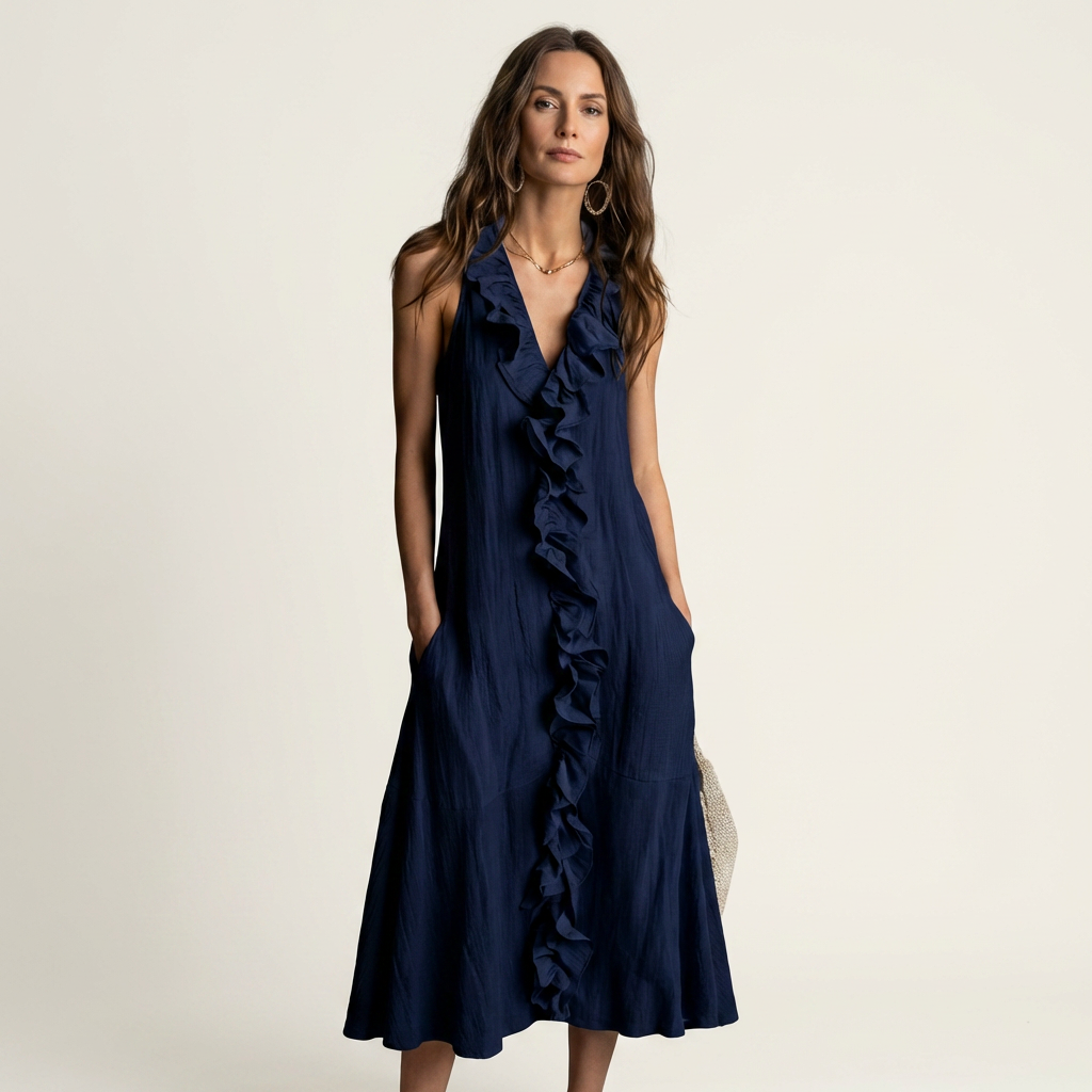 VIOLETTE | RUFFLE-FRONT V-NECK SLEEVELESS LINEN MAXI DRESS