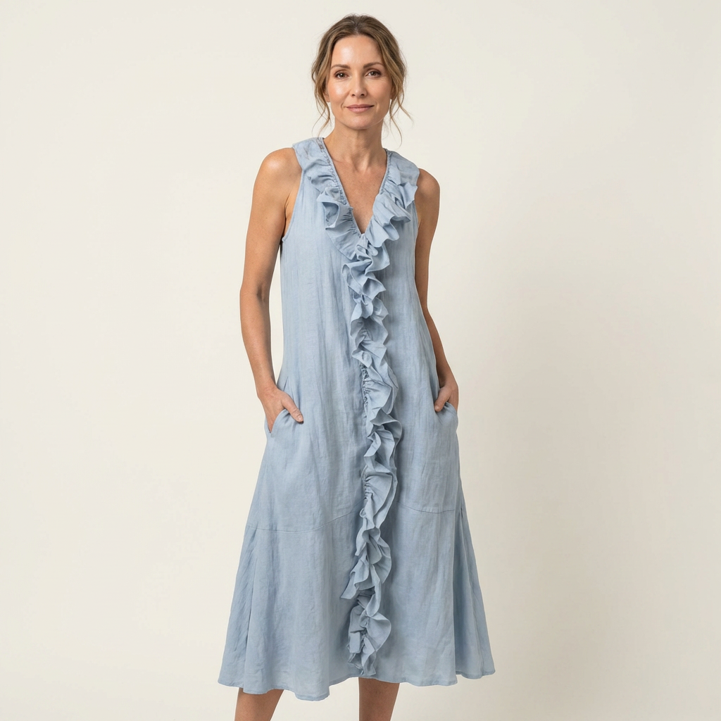 VIOLETTE | RUFFLE-FRONT V-NECK SLEEVELESS LINEN MAXI DRESS
