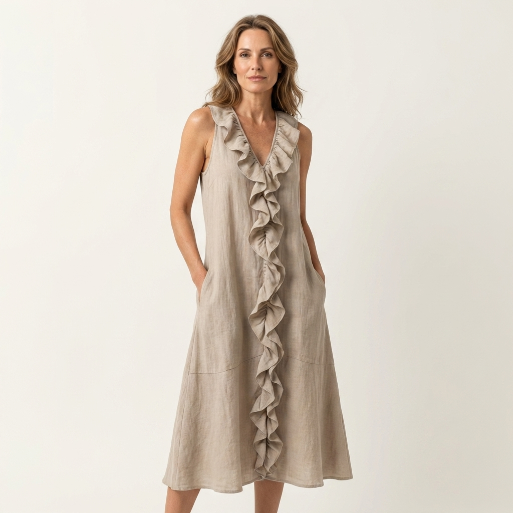 VIOLETTE | RUFFLE-FRONT V-NECK SLEEVELESS LINEN MAXI DRESS