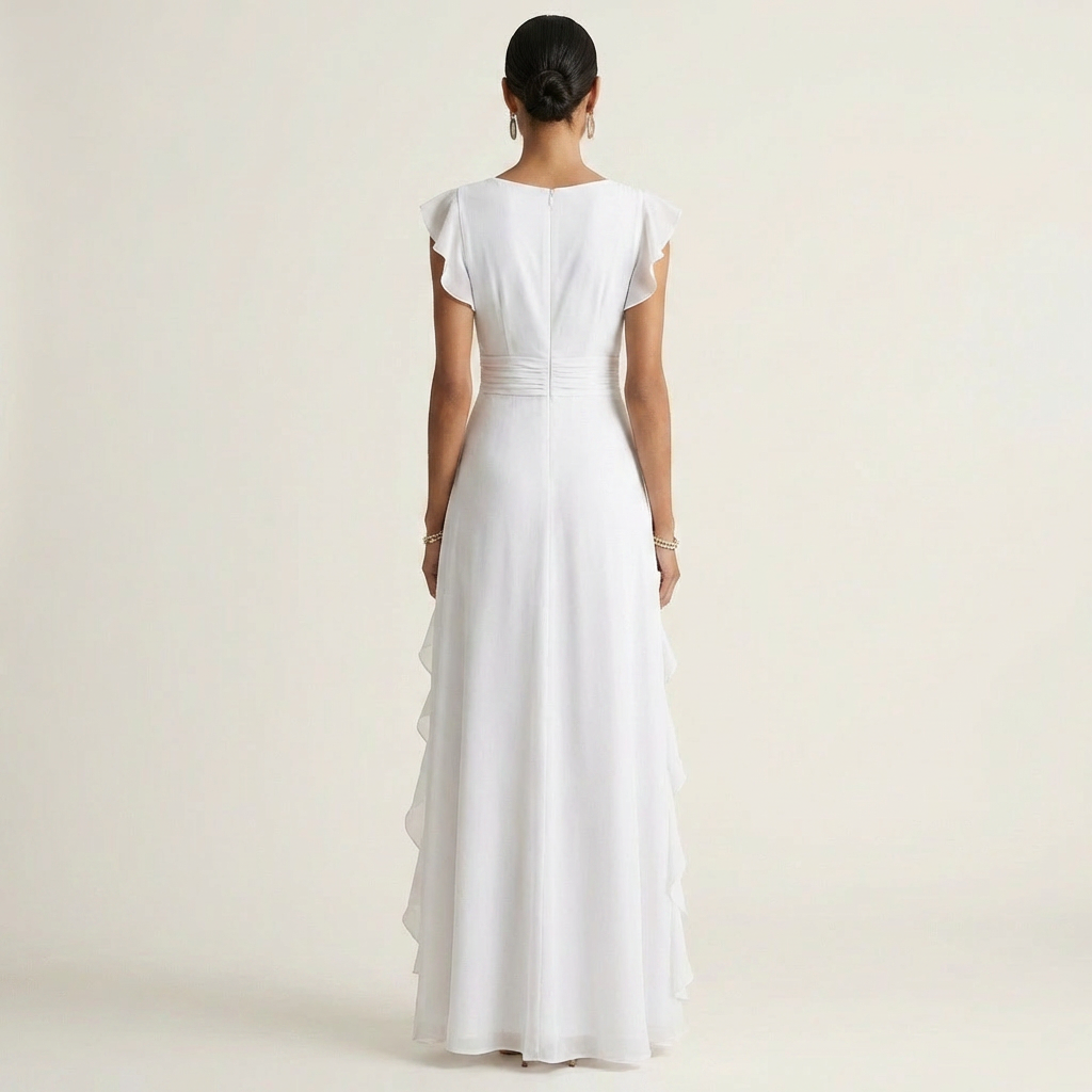 CELESTE | WRAP-STYLE V-NECK FLUTTER-SLEEVE CASCADING RUFFLE MAXI DRESS