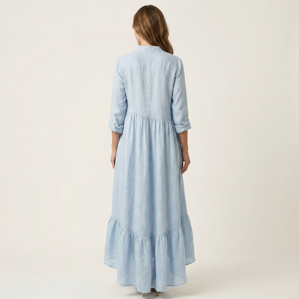 ADRIANNA | STAND-COLLAR BUTTON-FRONT RUFFLE HEM MAXI DRESS
