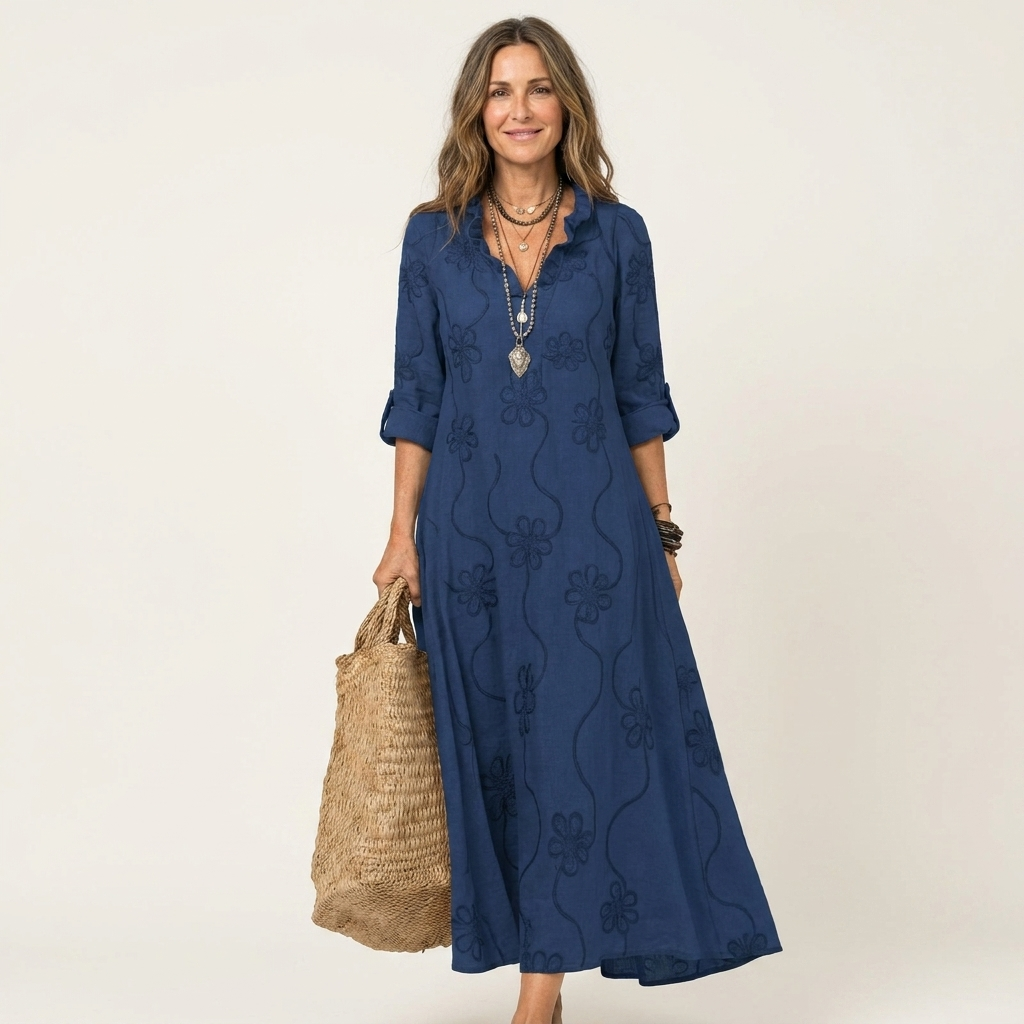 ODALYS | MAXI DRESS WITH TONAL FLORAL EMBROIDERY