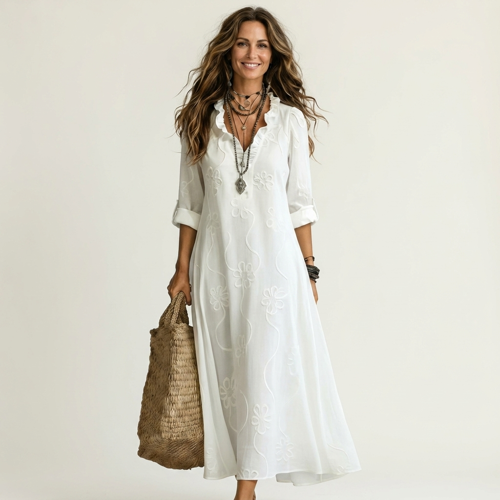 ODALYS | MAXI DRESS WITH TONAL FLORAL EMBROIDERY