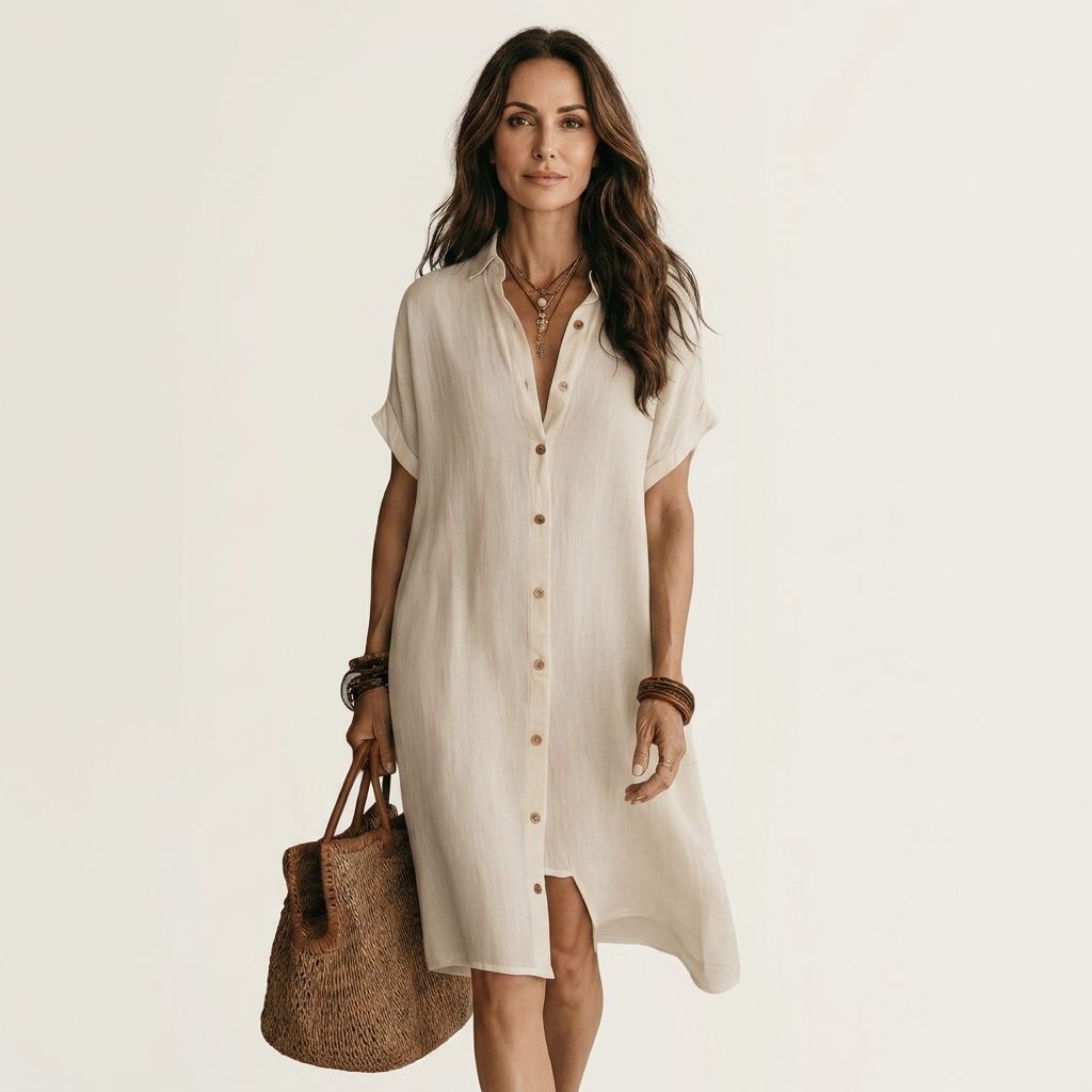 FLORENTINE | COTTON-LINEN MIDI SHIRT DRESS WITH ROLLED CUFFS