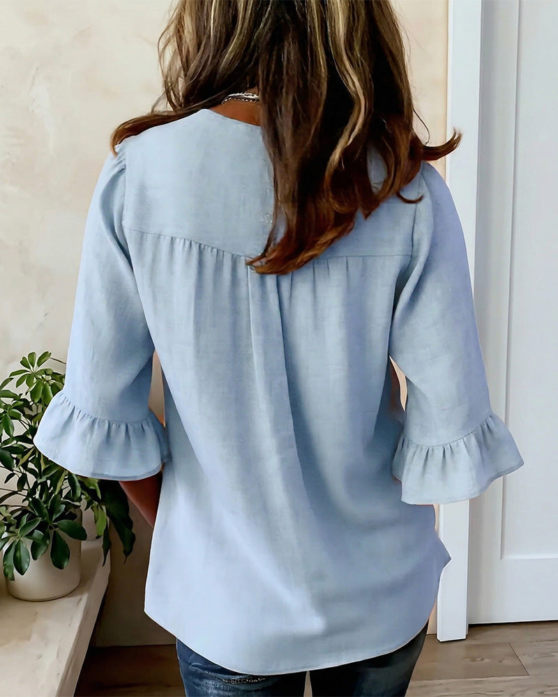 Sofia Cotton-Linen Plain Blouse with Wooden Buttons and Ruffles